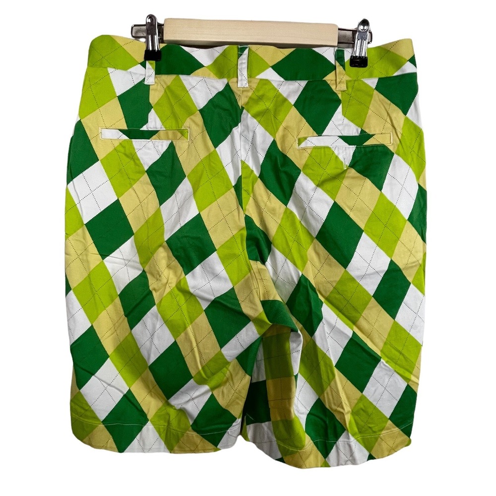 Loudmouth Golf Shorts 36 Argyle Green Yellow White Pleated Maximalist Preppy